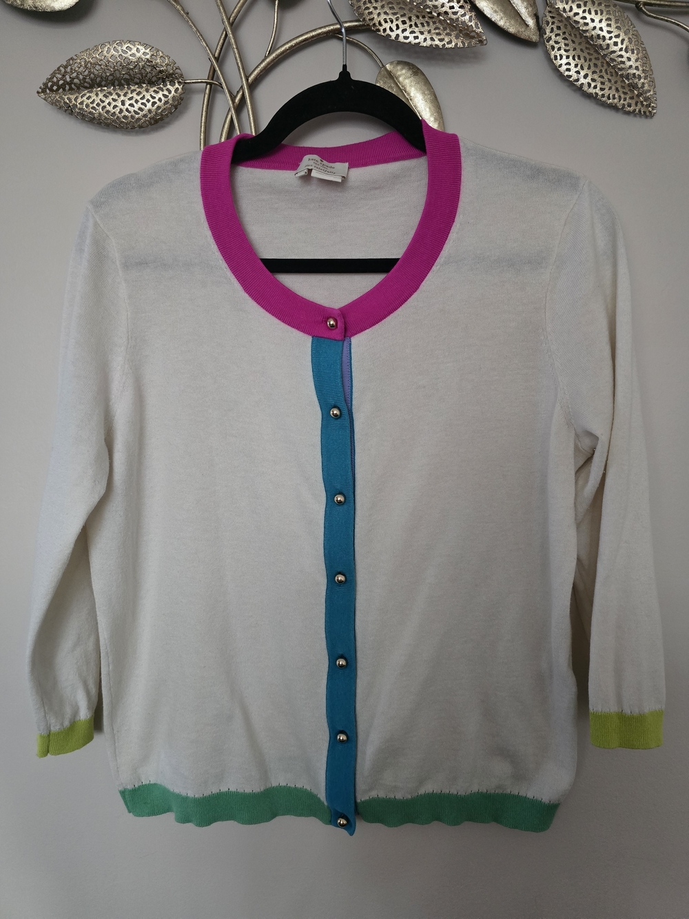 kate spade Cream Cardigan with Pink Collar and Teal Placket Size M-L Cotton Silk